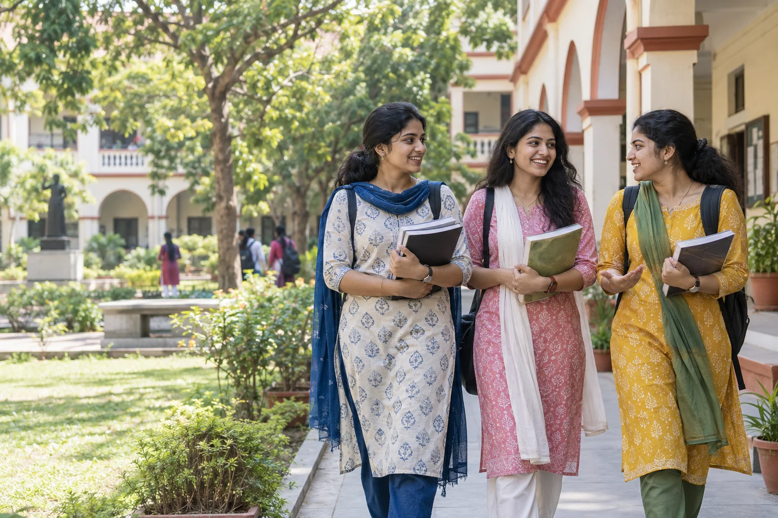 Three Indian women students sharing a moment on a leafy college campus