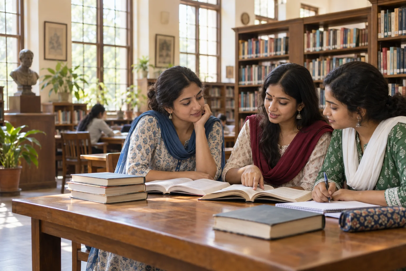 Indian women students exploring books together in a library